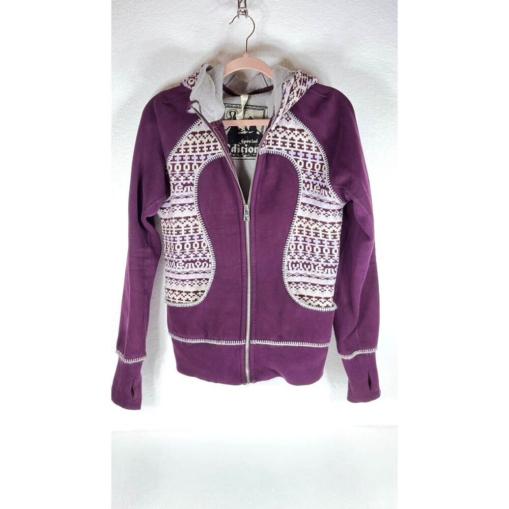Lululemon Special Edition Fair Isle Knit Womens Sweater Hoodie Plum White Sz 8